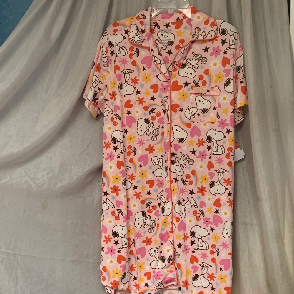 Peanuts Pink Snoopy Heart & Flower Short Sleeve Pajama Nightgown